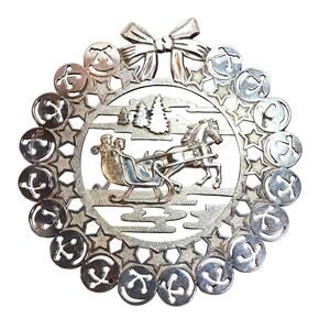 Christmas Holiday Silverplate Trivet 10" Horse Sleigh Trees Jingle Bells Italy